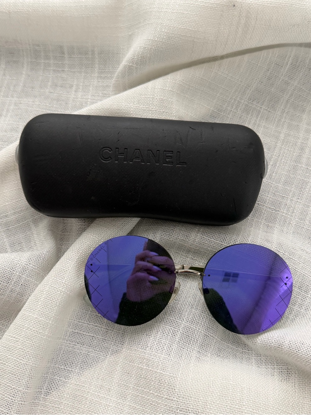 CHANEL Round Purple Mirror Lens Sunglasses with Black Case